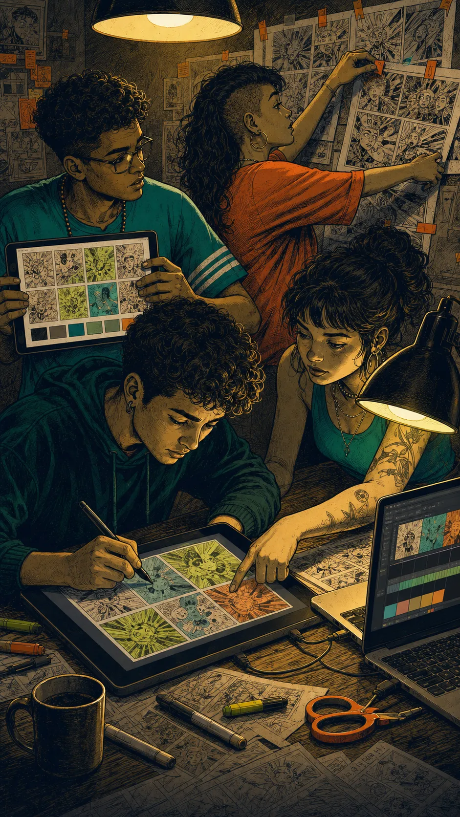 Uma equipe organiza cenas, revisa desenhos e trabalha na criação de uma HQ.