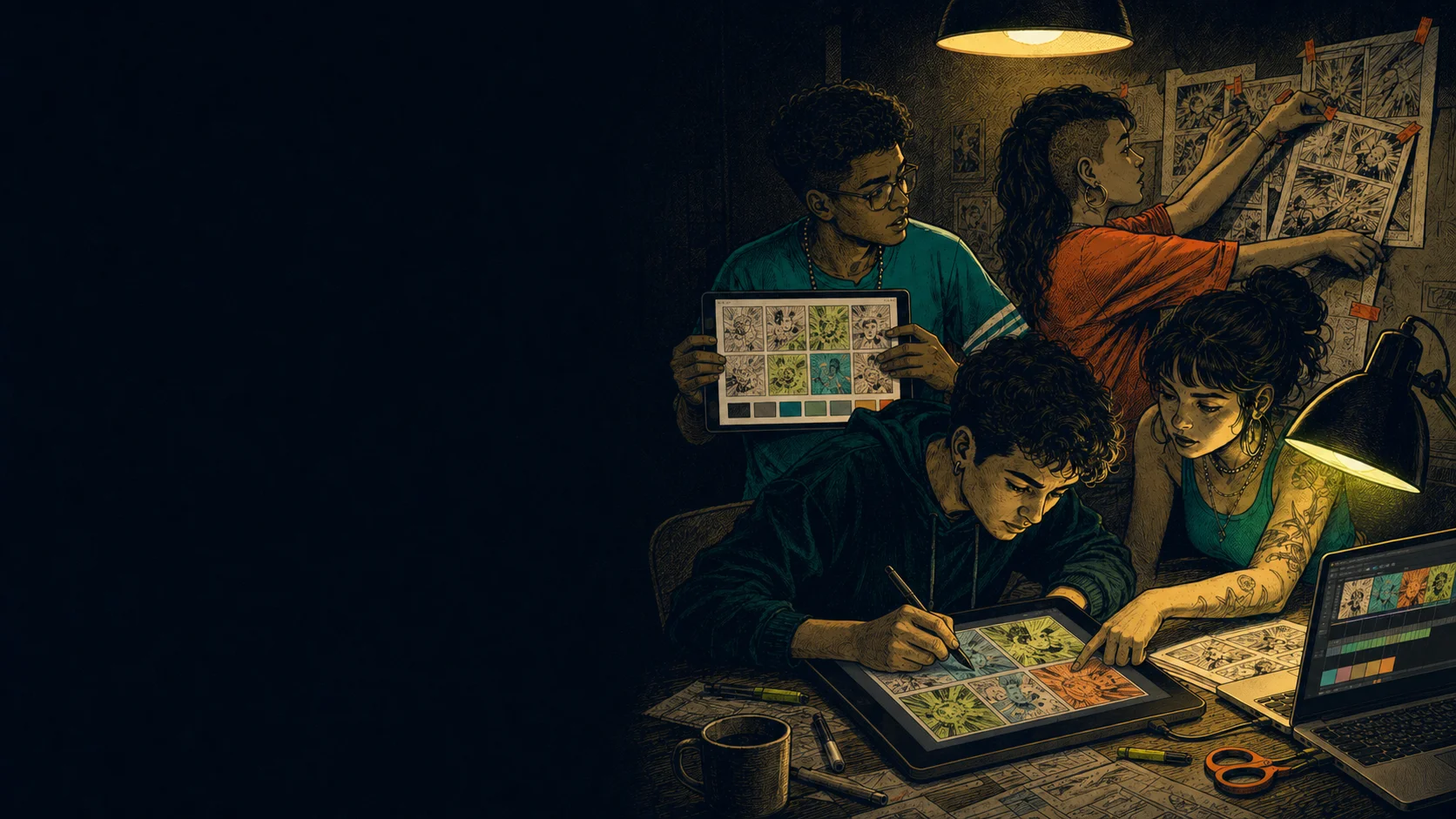 Jovens criam uma história em quadrinhos com desenhos, telas e páginas espalhadas pela mesa.