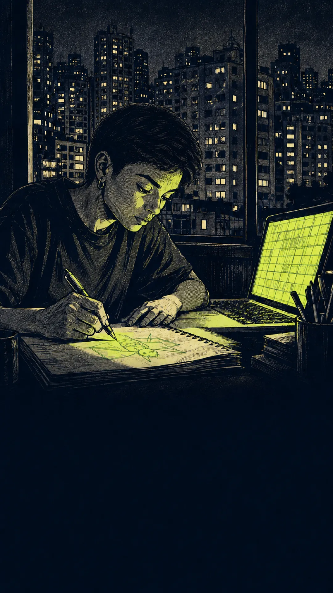 Uma jovem desenha à mão ao lado de uma tela acesa, com São Paulo ao fundo.